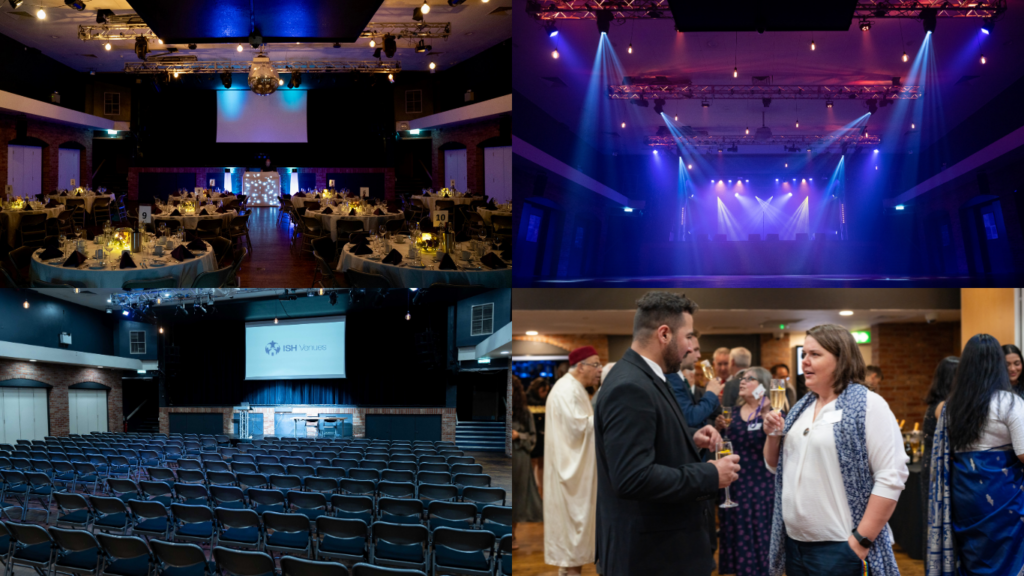 Four photos of Venue 1 being used as a multipurpose space. Banquet, Theatre, and Cabaret-Style Setups, along with an empty space.